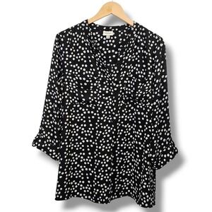 Avenue Top Womens Plus 18/20 Black White Polka Dot Roll Tab Sleeve Lightweight